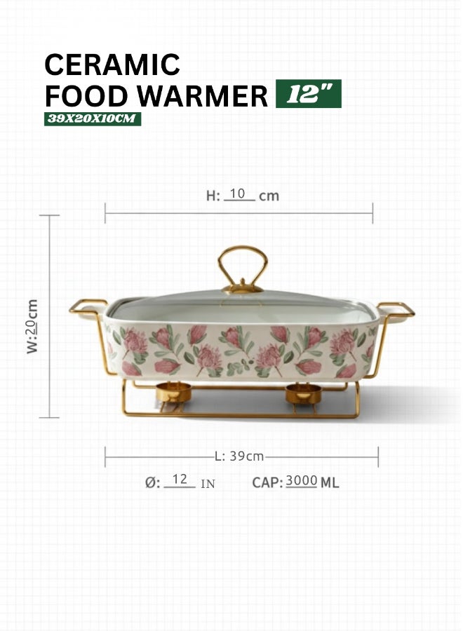 FEELINGS Ceramic Food Warmer ,Ceramic Chafing Dish with Lid & Gold Warming Stand, 12-Inch – SD-61211-P - Image 2